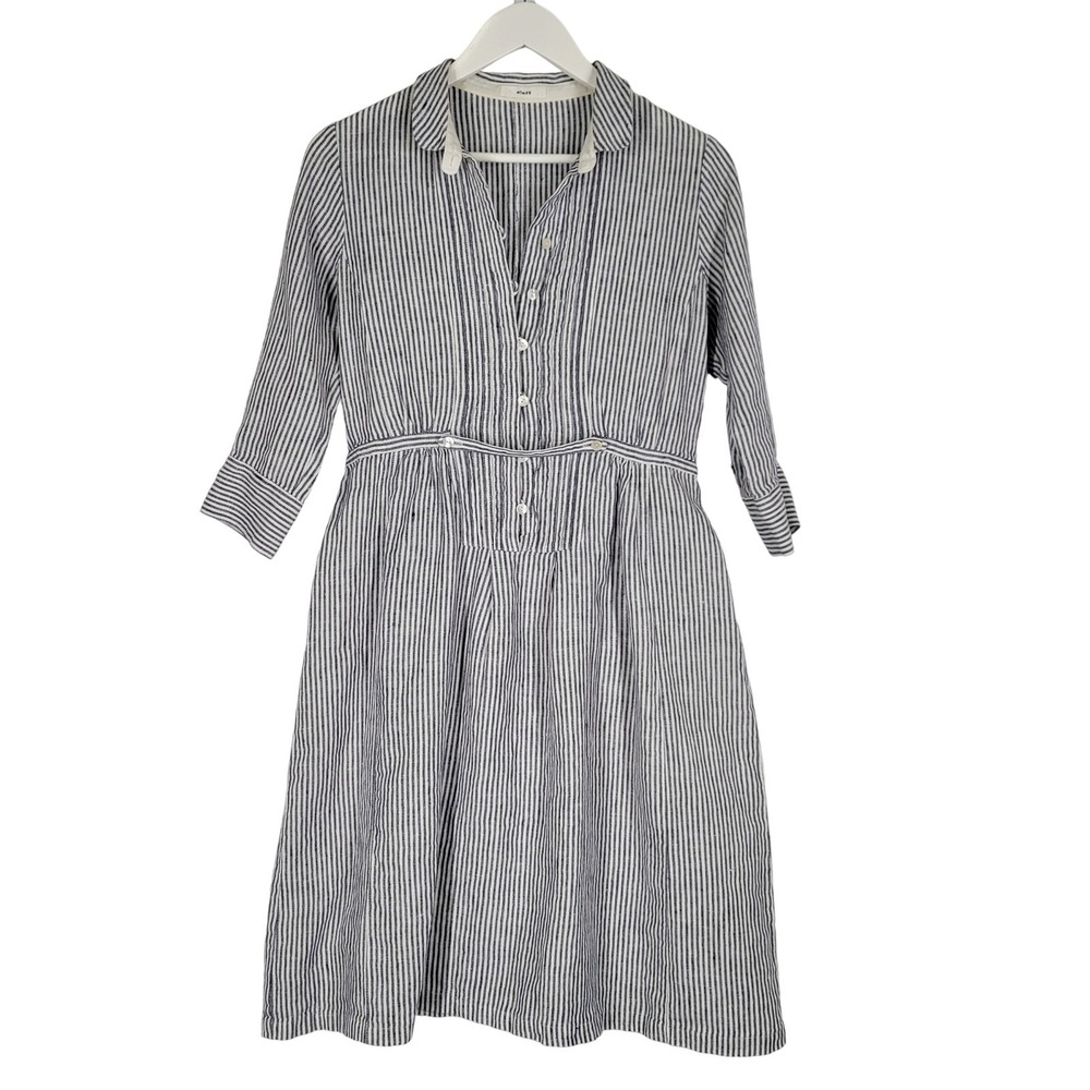 NIMES 100% Linen Shirt Dress Sz Medium Blue White Stripe Nautical Cottage